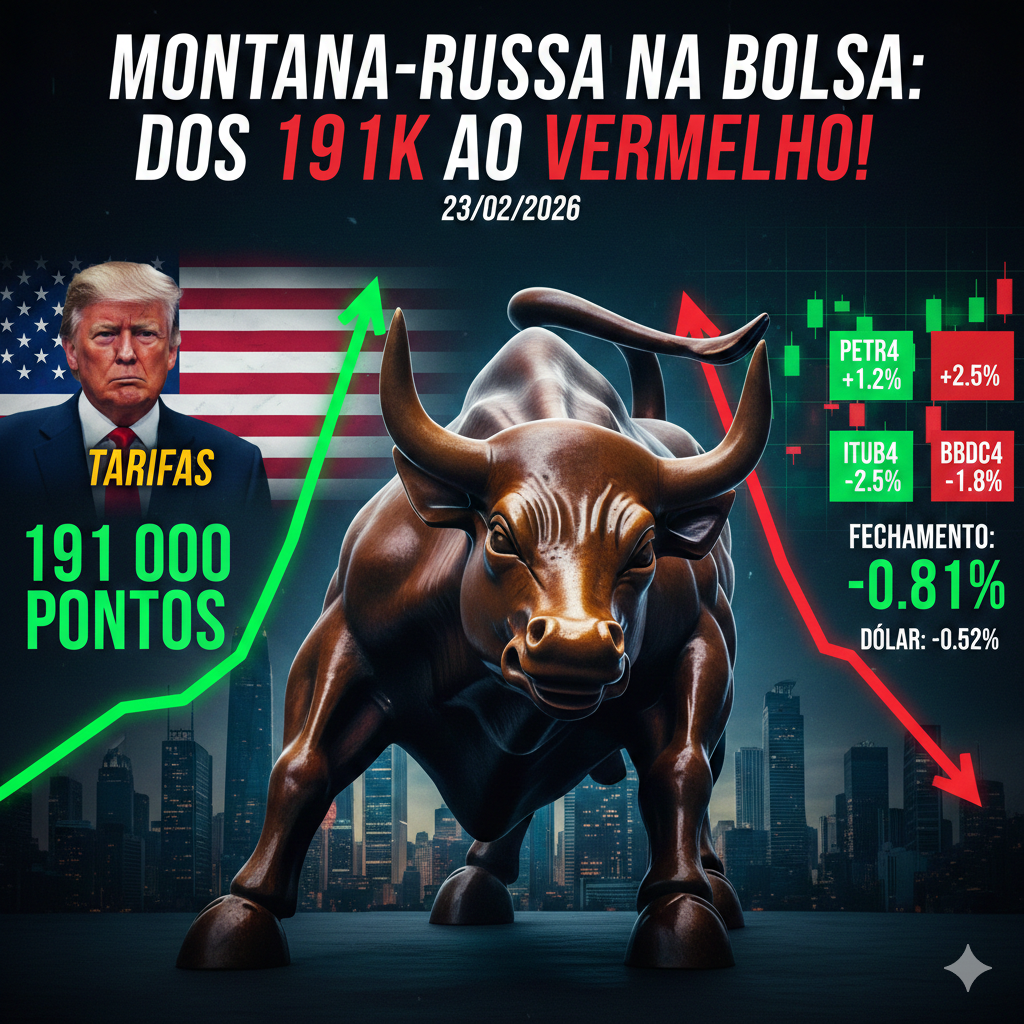 🎢Ibovespa faz história, toca os 191 mil pontos, mas “Efeito Trump” vira o jogo: Entenda o fechamento de hoje (23/02/2026)