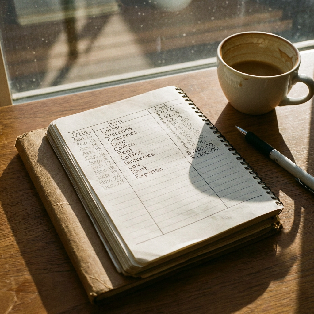 Spiral notebook with table: Date, Item, Cost. Apr 12 Coffee $4.50, Apr 13 Groceries $62.15, Apr 14 Groceries $62.15, Apr 15 Rent $30.00, Sep 16 Coffee $23.50, Sep 6 Rent $62.15, Oct 17 Coffee $70.30, Nov 18 Groceries $30.00, Dec 19 Tax $71.70, Nov 24 Rent $1200.00, Dec 23 Expense $1200.00.